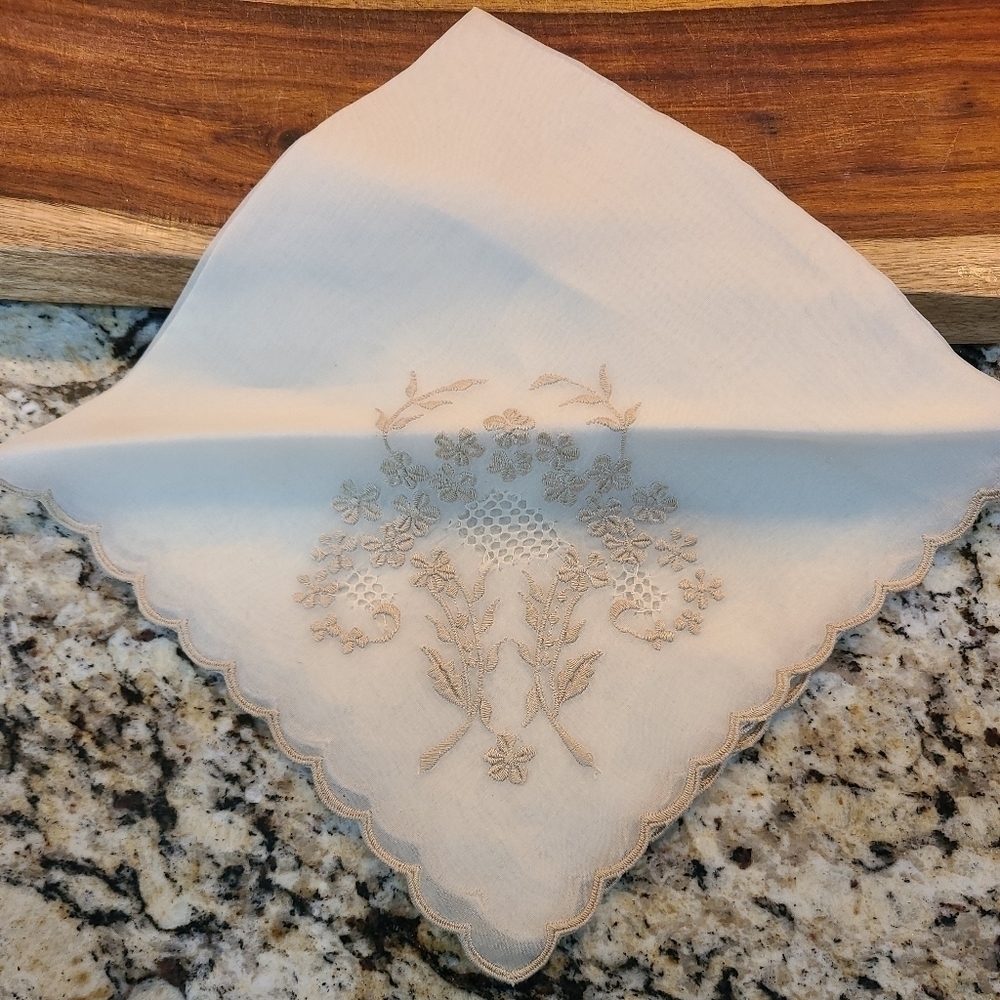 Vintage Sheer Nylon Embroidered Flowers Scalloped Edge Sweet !